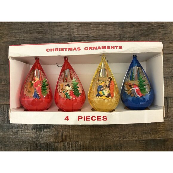 Vtg Christmas Jewel Brite Nativity Plastic Diorama Tear Drop Ornaments Nativity - Picture 1 of 7